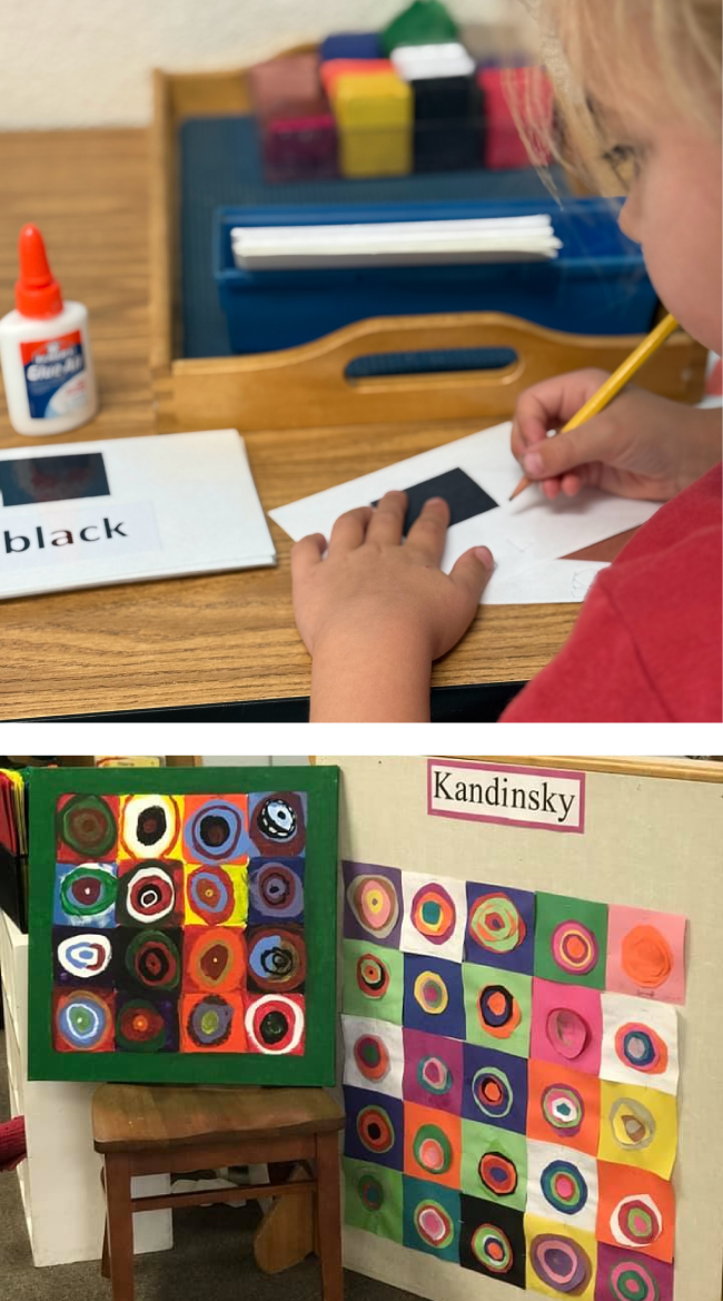 A student creating artwork inspired by Kandinsky, with a finished concentric circles painting displayed alongside student-made practice squares.