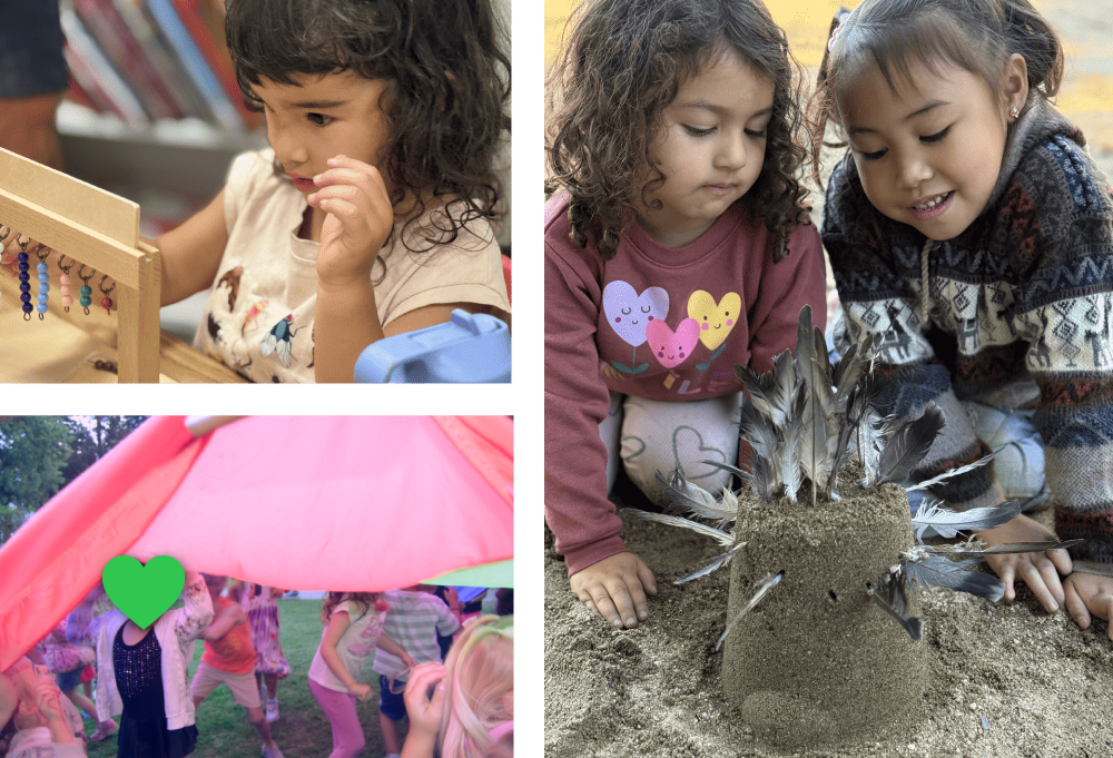 collage of pictures pf children playing and learning in visalia mentessori school